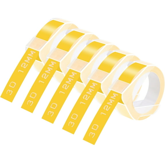 GREENCYCLE 5PK Compatible for Dymo 3D Plastic Embossing Labels 521208 White on Yellow Label Tape 12mm 1/2'' x 3m 9.8' Use in Organizer Xpress, Office Matte II, Magazine Maker, Motex Label Maker