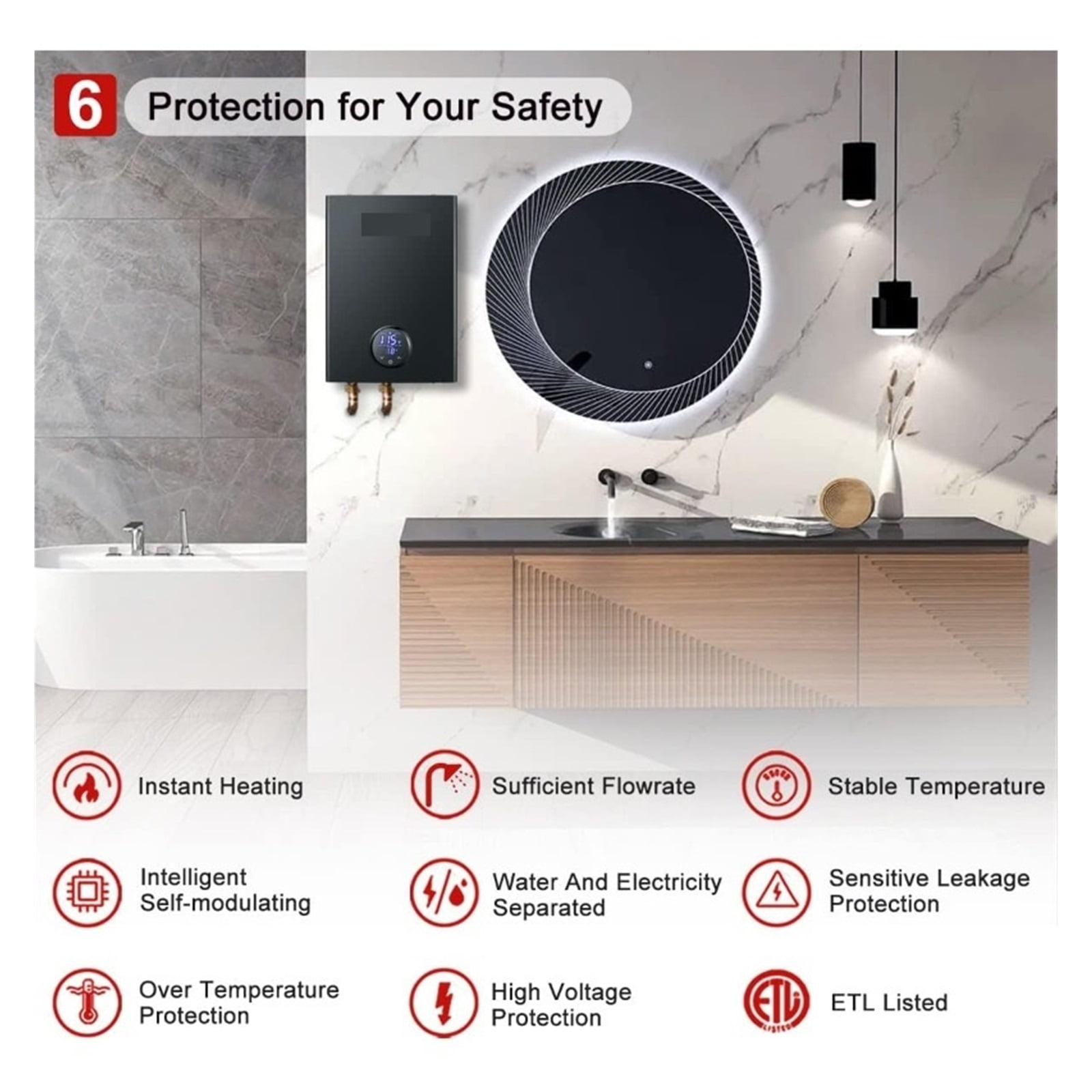 Electric Tankless Water Heater, Instant Hot Water Heater On Demand Point Of Use Hot Water Heater Self-Modulation Black ,Safety Protections