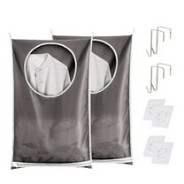RYLZX Hanging Laundry Hamper Bag(2Pcs) with Free Adjustable Stainless Steel Door 4 PCs Suction Cup Hooks, Best Choice for Holding Dirty Clothes and Saving Space, Grey