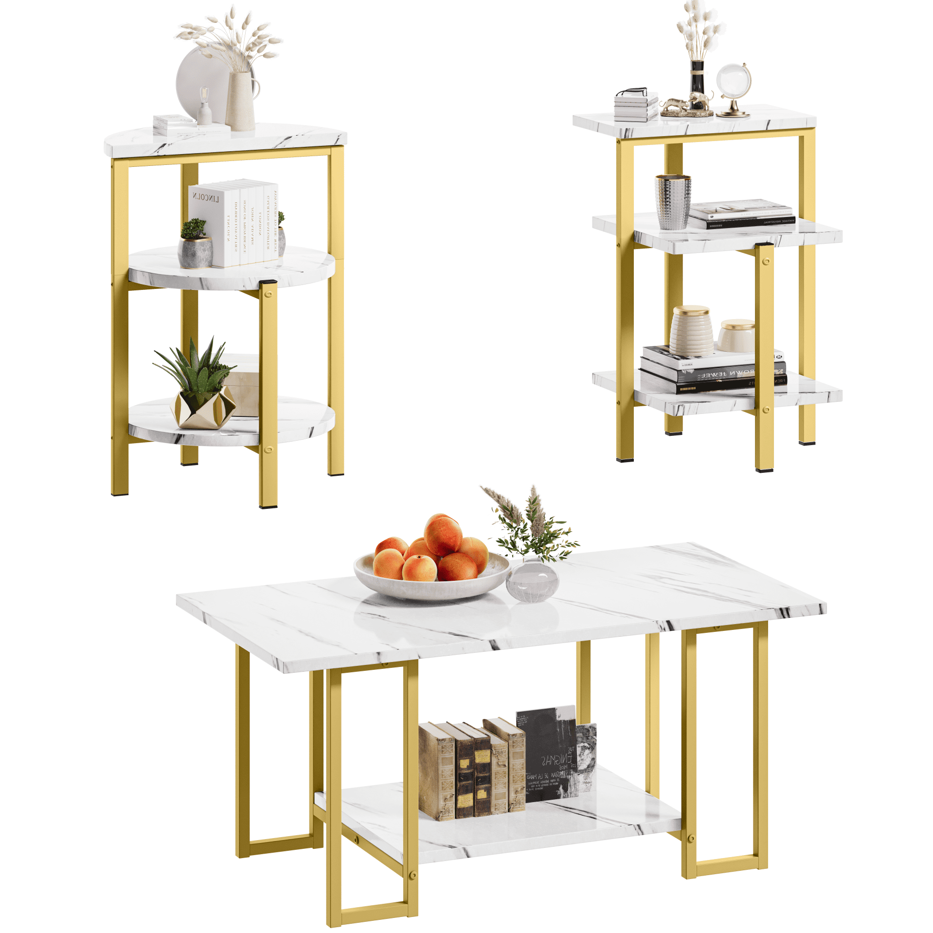 Baxluxe 3 Pieces Faux Marble Table Set, Modern Rectangle Coffee Table with 2 Side Table, Faux Marble Tabletop and Metal Frame, 3 Pieces Table Sets for Living Room, Apartment, White & Black