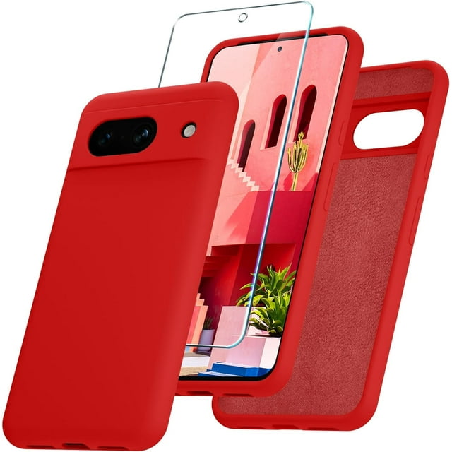 KOMI for Google Pixel 8a Case, Silicone Phone Case with 1 Screen Protector, Soft Anti-Scratch Microfiber Lining, Full Body Shockproof Slim Cover Support Wireless Charging, Red