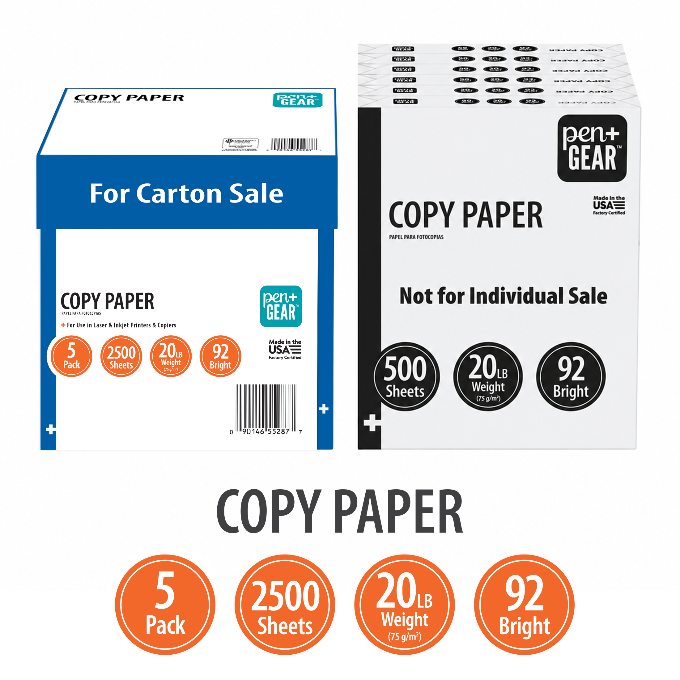 Papel para copias Pen + Gear, 8.5" x 11", 92 brillo, 20 lb., blanco, estuche de 5 resmas (2,500 hojas) 2