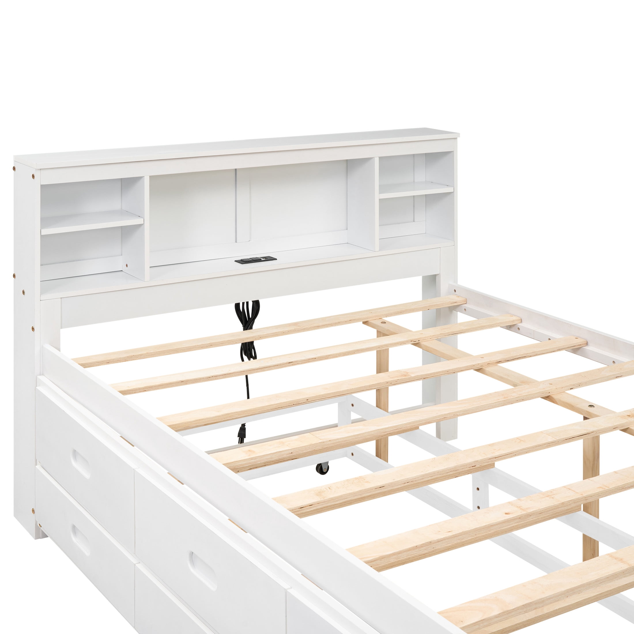 Noble House Nerissa Full Platform Bed with Bookcase Headboard, USB Ports, Extra Trundle and Storage Drawers, White