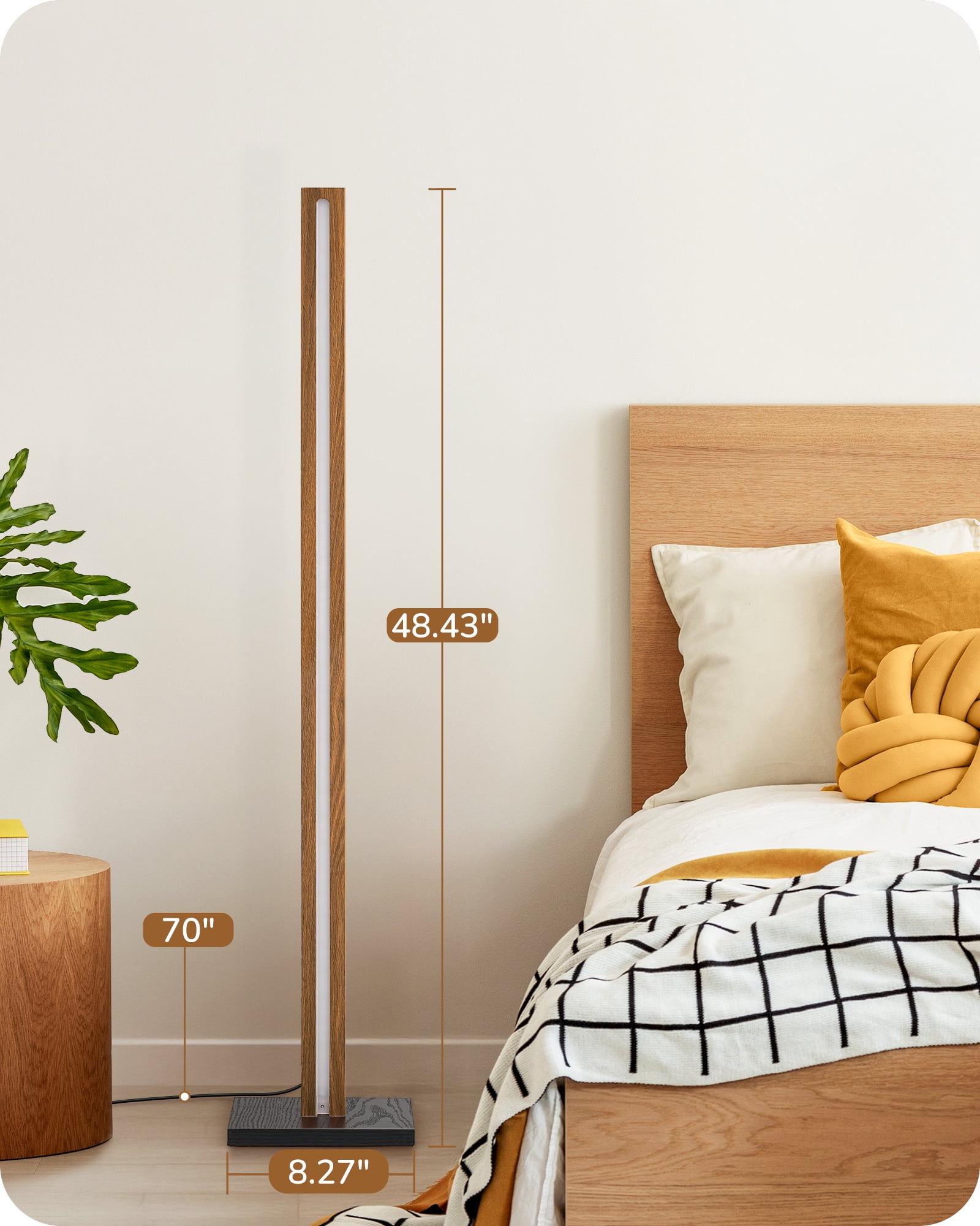 EDISHINE 48.43IN Mid-Century Modern Floor Lamps with Remote for Living Room , Dimmable, 7CCT, Wood LED Corner Light for Bedroom, Office, 2700K~6000K, Light Brown