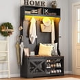 thumbnail image 2 of ChVans 75''H LED Farmhouse Hall Tree w/ Bench & Shoe Storage, Black Hall Tree Entryway Bench w/ Coat Rack, 12 Shoe Cabinet, Umbrella Holder&Sock Storage Drawer, Mudroom, Hallway, 2 of 6