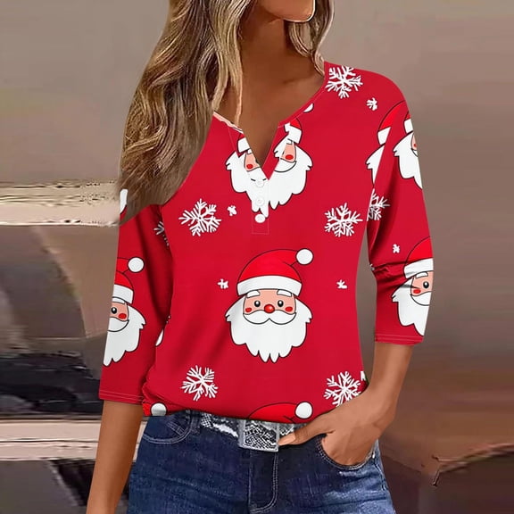 Feancey Womens Funny Christmas Shirt Dressy Trendy Snowflake Print Henley Shirts Button Up Casual V Neck Tops Comfy Loose Blouse Red L