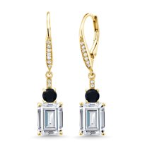 Gem Stone King 18K Yellow Gold Plated Silver White Moissanite Black Onyx and White Topaz Dangle Earrings for Women (5.70 Cttw, Gemstone Birthstone, Emerald Cut 9X7MM)