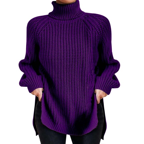 WEAIXIMIUNG Women's Fashion High Neck Solid Color Pullover Knit Sweater with Split Hem and Bell Sleeves