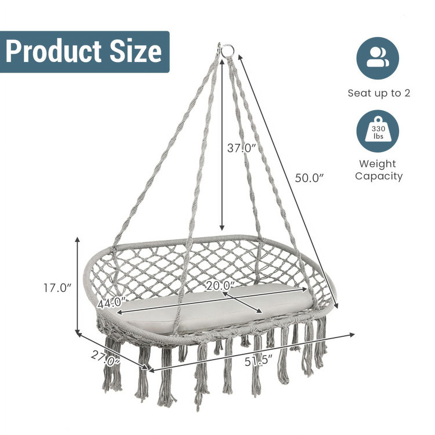 Aimee Lii 2 Person Hanging Hammock Chair with Cushion Macrame Swing, Patio Swing Chair, Gray