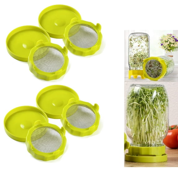 Daupanzees 4 Set Sprouting Lids with Stainless Steel Screen, Plastic Indoor Seeds Sprout Lid, Plants Growing Kit for Wide Mouth Mason Jars, Plant Germination Kits Grow Bean Sprouts Green