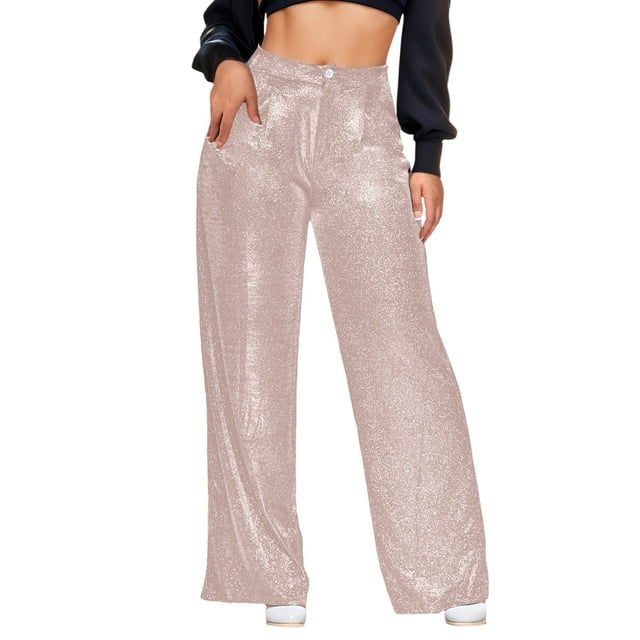 Nuevos pantalones de fiesta con lentejuelas: pantalones de mujer de cintura alta y pierna ancha, estilo retro informal, poliéster + spandex, tallas S-XXL para fiestas/uso diario.