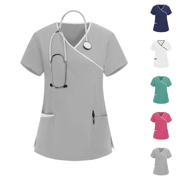 Sentmoon Womens Scrubs Womens Basic Tops Women's Nurses Tunic Uniform Clinic Carer V Neck Protective Clothing Stylish for Lounge & Sleep Dark Blue L
