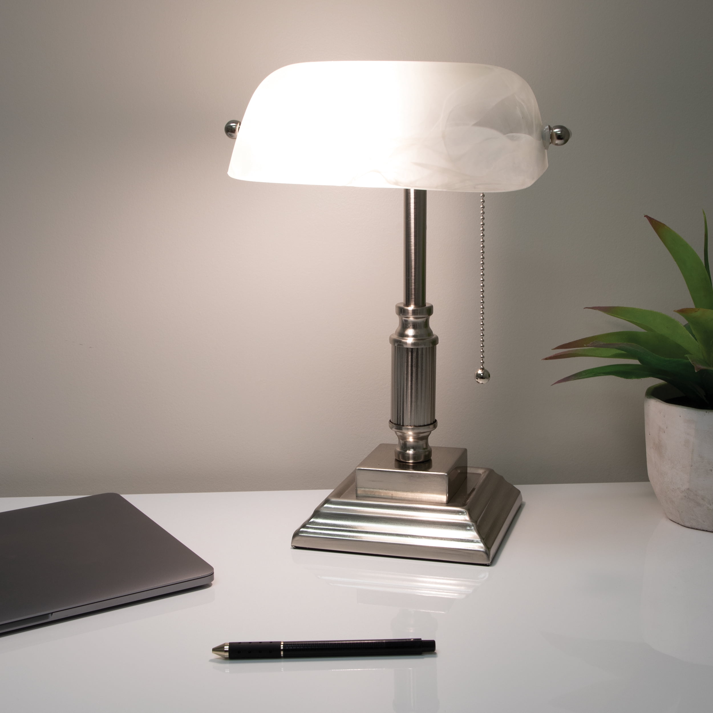 V-Light 14.8 inch Brushed Nickel LED Bankers Lamp with Frosted Shade