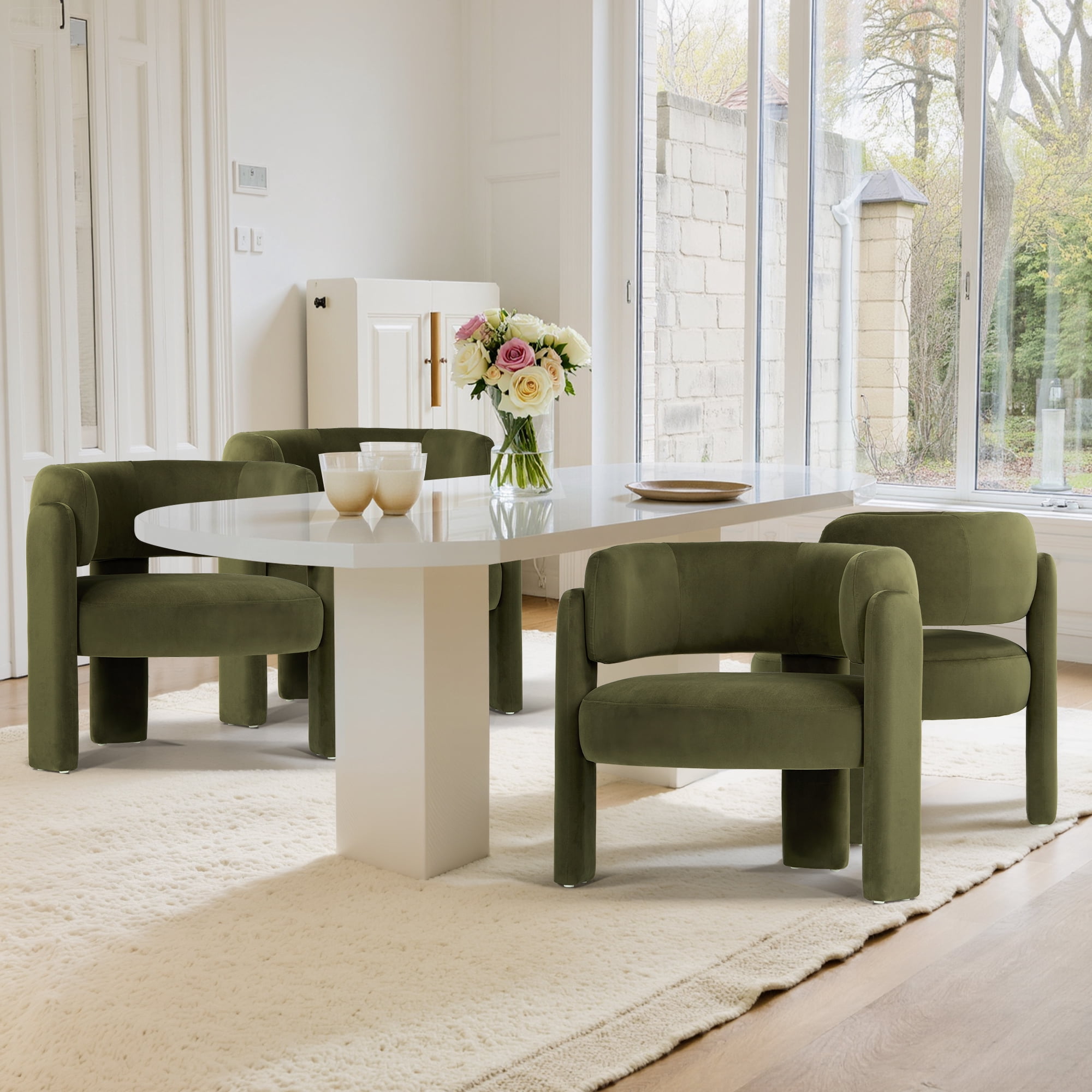 AFO Modern Upholstered Dining Chair, Cute Barrel Side Armchair with Round Back for Living Room Dining Room Bedroom, Green