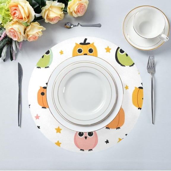 15.4" Round Placemat Set of 1 Polyester Fabric Place Mats Non-Slip Dining Kitchen Table Mats for Kitchen Party Decor Cute Owls Pattern