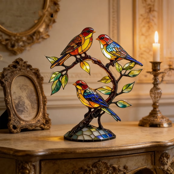 Bird Branch Figurine, Stained Glass Acrylic Decor, Colorful 3 Bird Art, Tabletop Ornament for Home Office Shelf