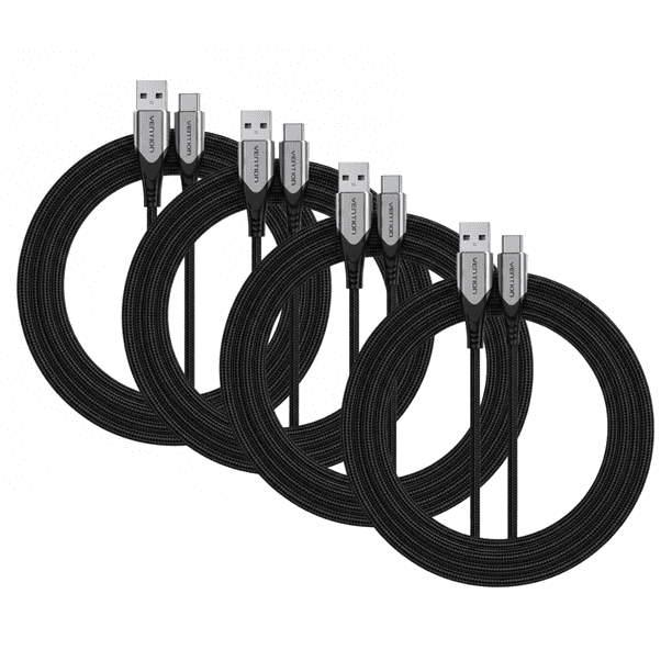 Cables de Datos y Carga Vention USB-A a USB-C de 2 Metros, Nylon Trenzado Reforzado, Soporta 3A 60W, Compatible con Carga Rápida para Celulares, Tablets y Laptops. Kit 4 PIEZAS