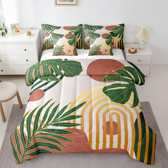 Manfei Modern Minimalism Twin Bedding Sets 7-Piece for Adult, Plant Botanical Bedding Comforter Set, Abstract Striped Reversible Sheet Sets, Luxury Bedroom Decor