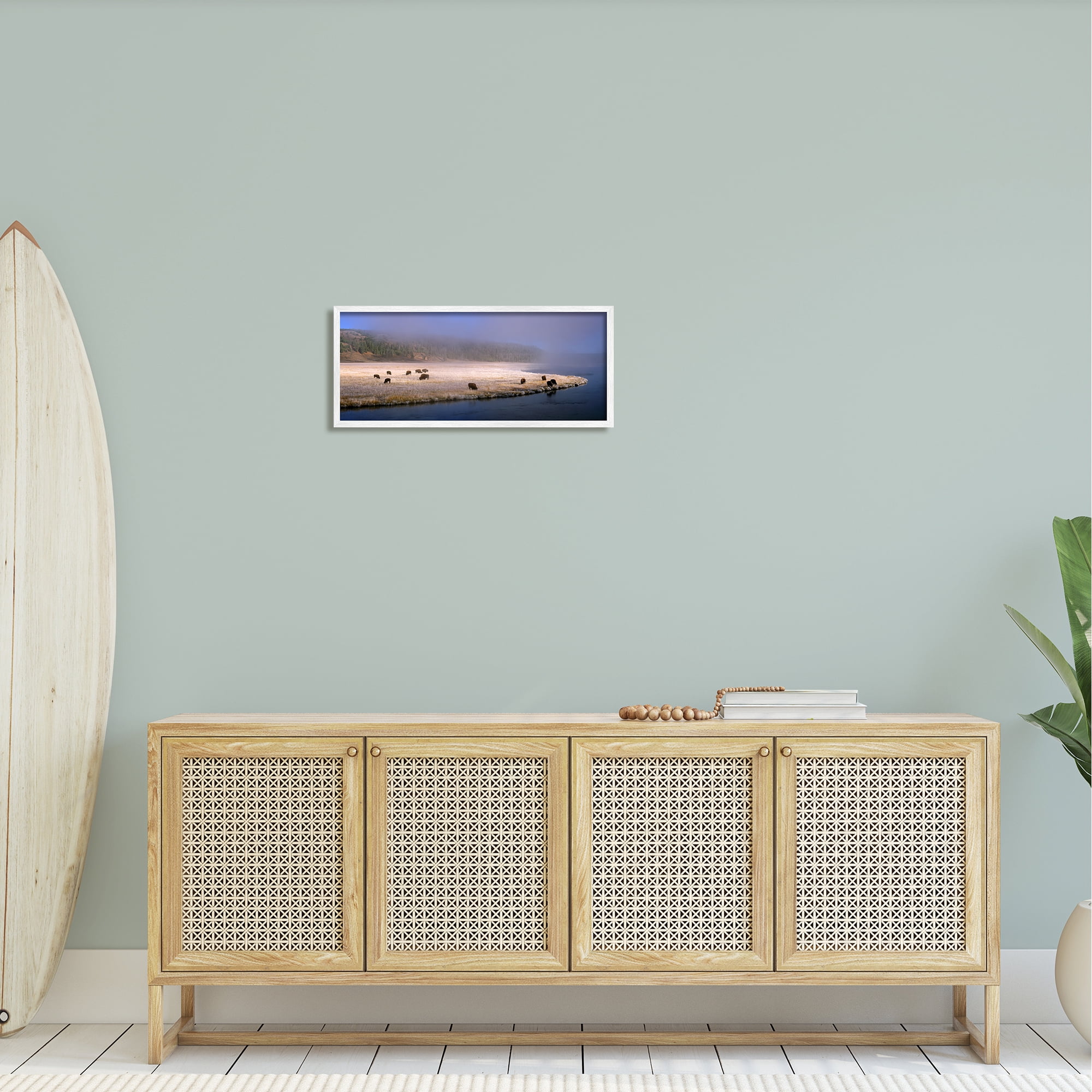 Stupell Industries Bison Animals Grazing Rural River Nature Photography Photograph White Framed Art Print Wall Art, Design by Jim Becia