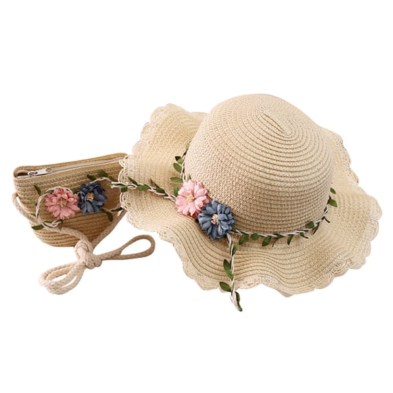 Helii Toddler Wavy Brim Straw Sun Hat with Floral Crossbody Bag Set Beach Hat Adjustable Chin Strap Summer Hat UPF 50+ Packable Vacation Hat 6 Macaron Colors for Toddler Outdoor Play