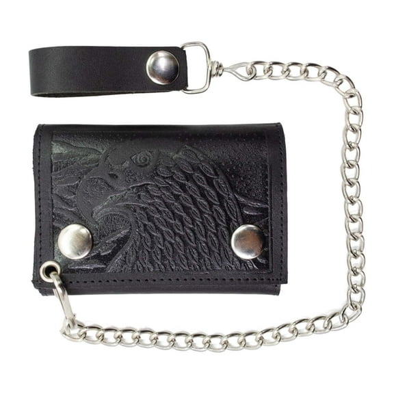 Genuine Leather Eagle Print Biker Wallet with Trifold Long Chain Wallet