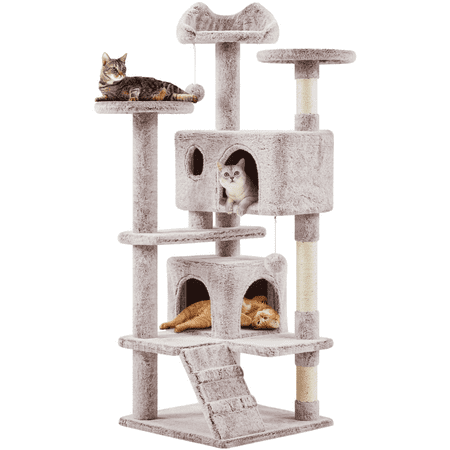 Topeakmart 54''H Cat Tree Condo Kitten Tower w/ 2 Condos & 2 Fur Balls & 3 Scratching Posts, Brown/White
