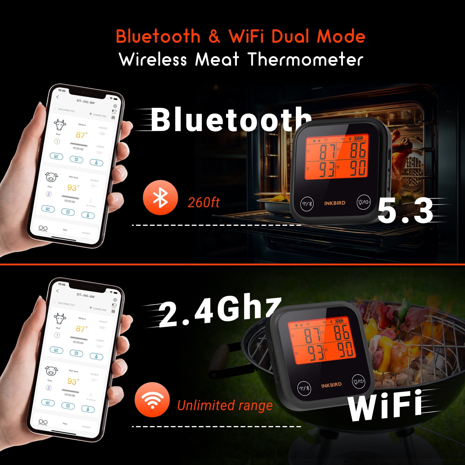 Inkbird WiFi&Bluetooth Meat Thermometer,4 Colored Probes Wireless BBQ GrillingThermometers for Barbecue ,Smoker,Oven | APP Calibration Temp Graph | Mobile Notification Timer Alarm