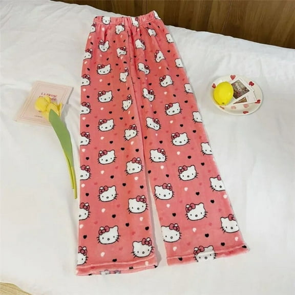 Halloween Sanrio Cartoon Pajama Pants Hello Kitty Flannel Pajama Pants Casual Home Graffiti Pants Trousers Christmas Day Gifts