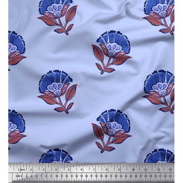 Soimoi Poly Georgette Fabric Leaves & Floral Block Printed Fabric 1 Yard 52 Inch Wide