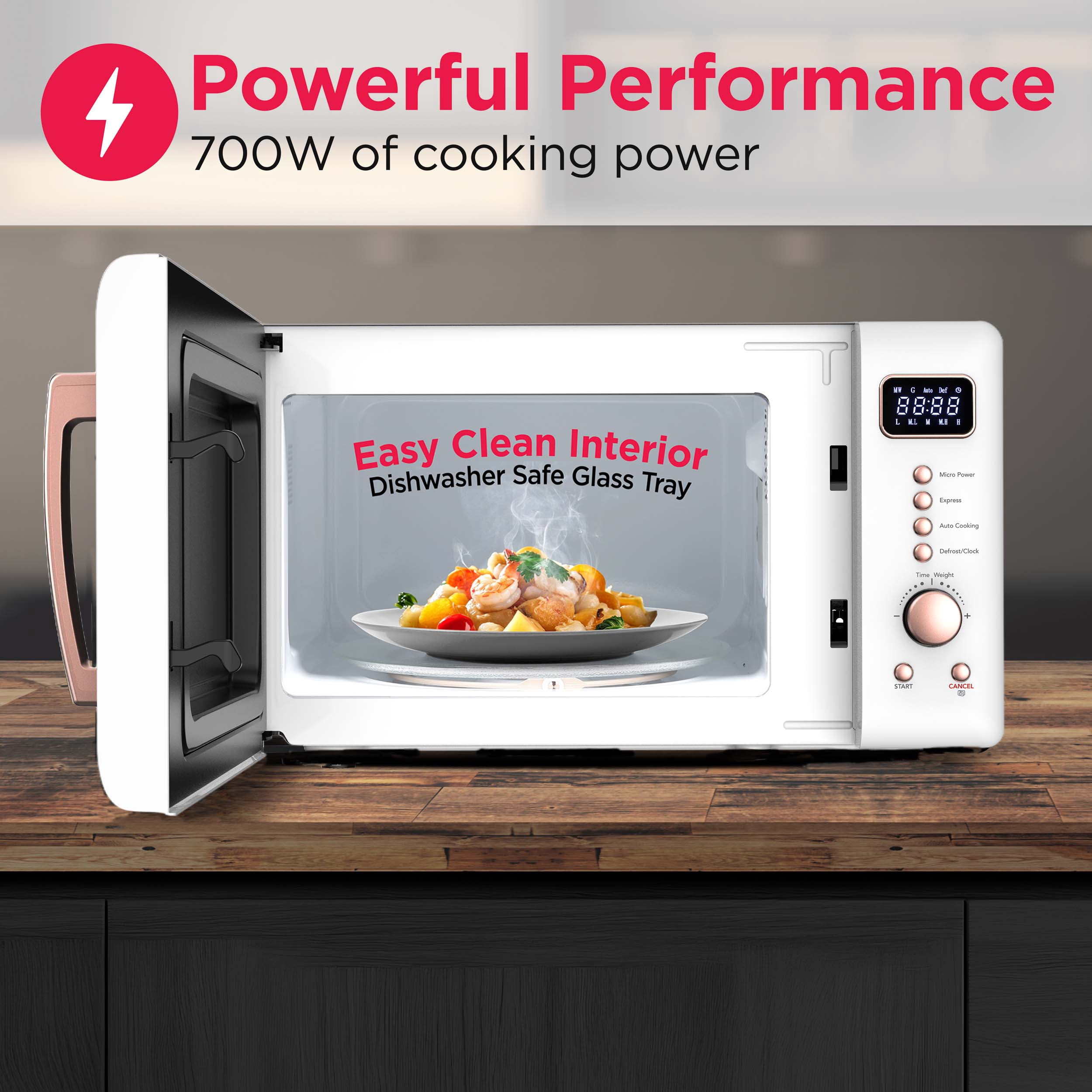 Frigidaire 0.7 Cu. Ft. 700 Watt Retro Countertop Microwave Oven, White and Rose Gold