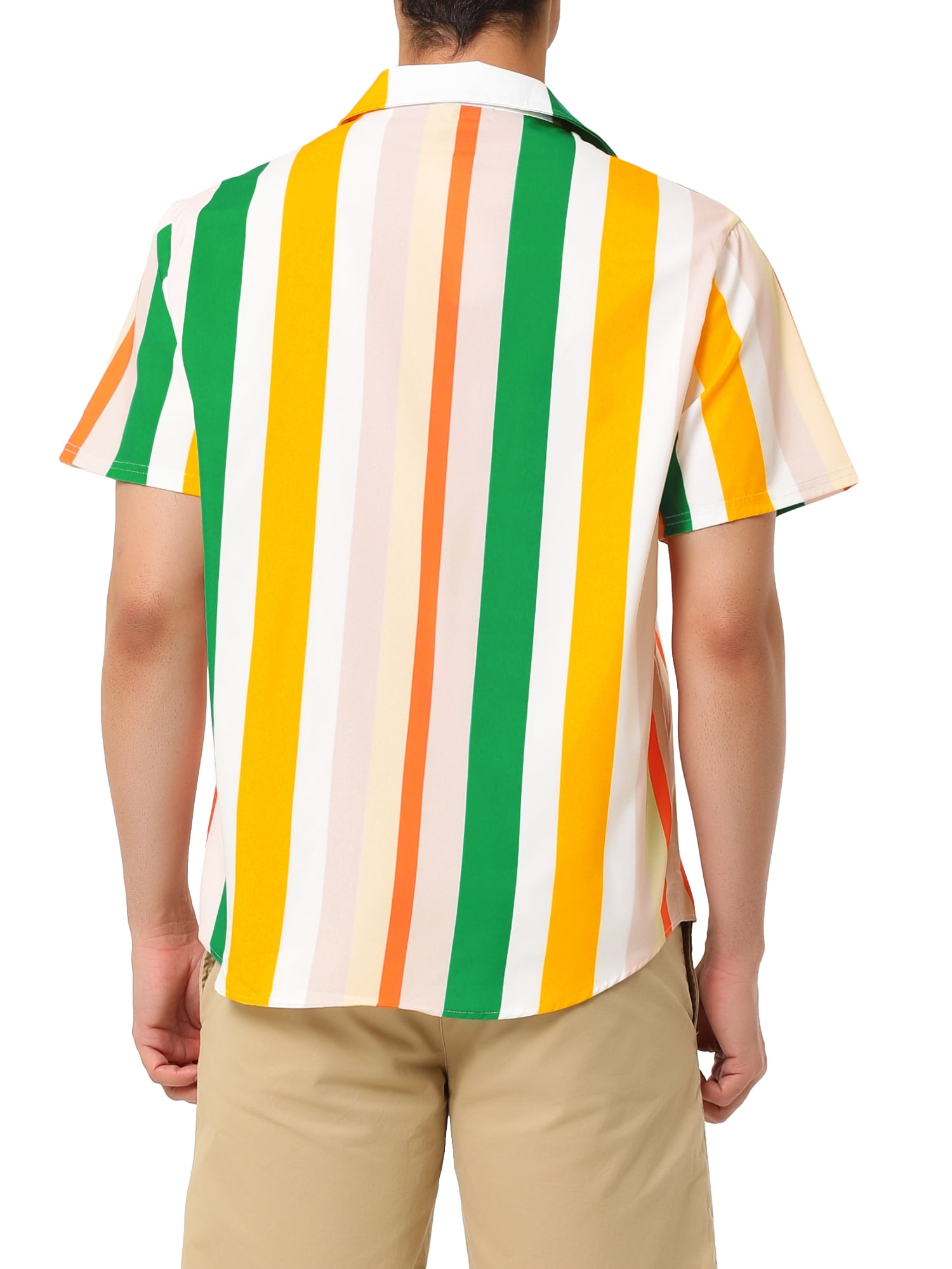 Unique Bargains Men's Summer Striped Shirt Short Sleeve Button Down Beach Shirts XL Pink Green Orange