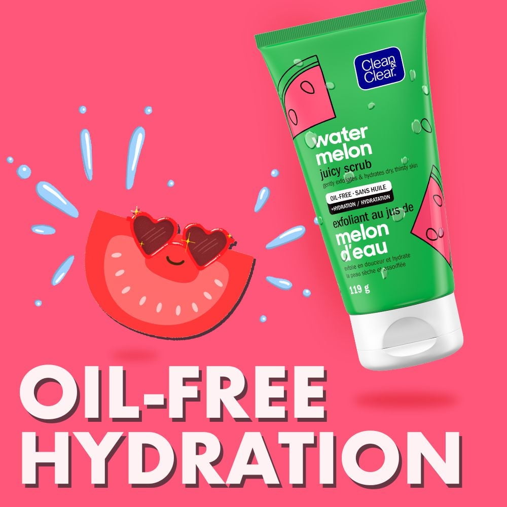 Clean & Clear Hydrating & Exfoliating Watermelon Juicy Scrub, Buffs Dirt & Oil While Cleansing & Quenching Dry Skin, Gentle & Oil-Free Daily Facial Cleanser