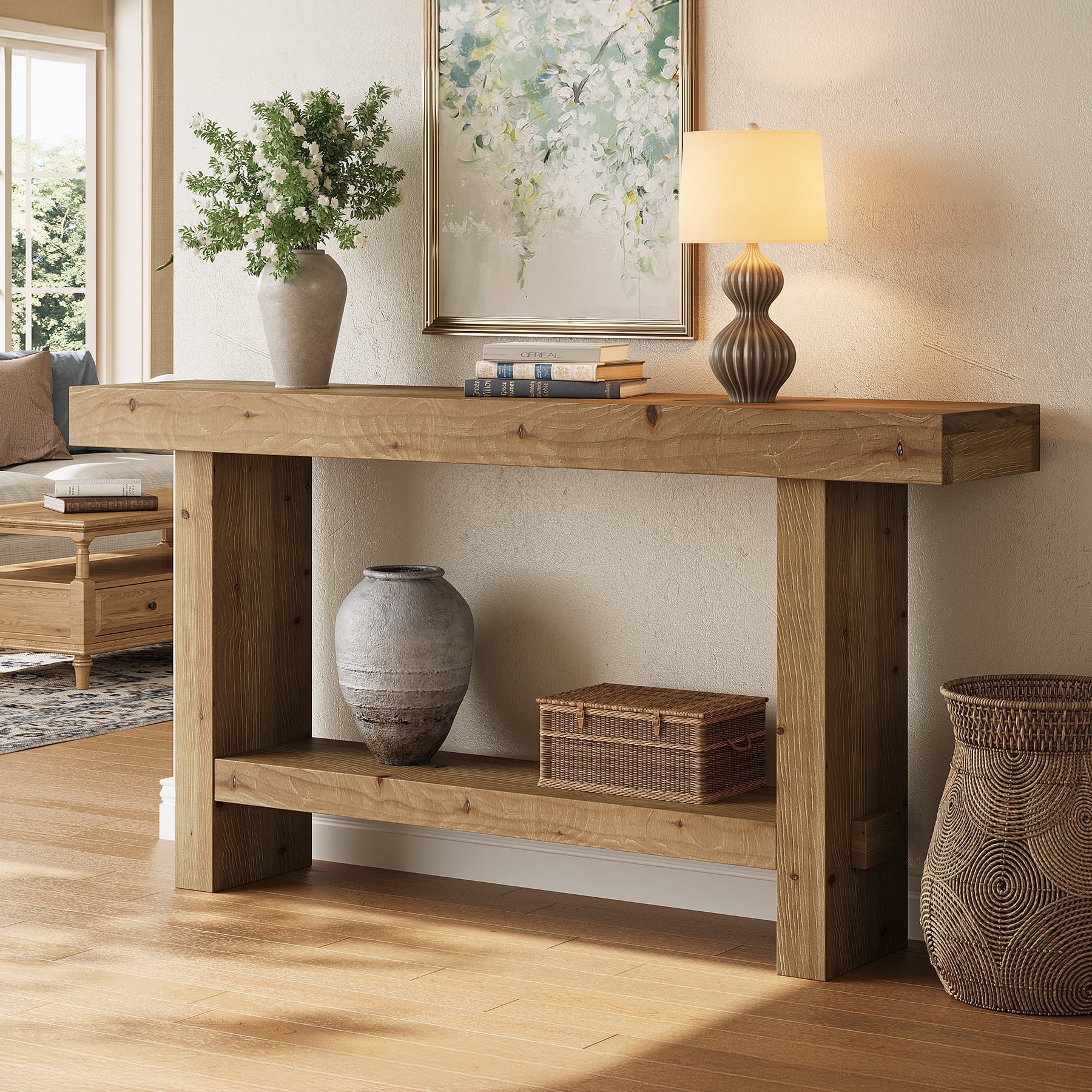 Finmind 63-inch Solid Wood Console Table, 2-Tier Farmhouse Entryway Table, Narrow Sofa Console Behind Couch, Light Brown
