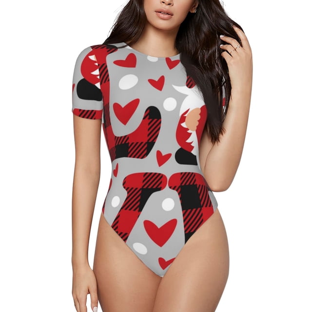 Fotbe Buffalo Plaid Love And Gnome Body de Mujer con Cuello Redondo y Mangas Cortas, Sin Mangas Ajustado, Suave, Cómodo y Básico-XX-Large