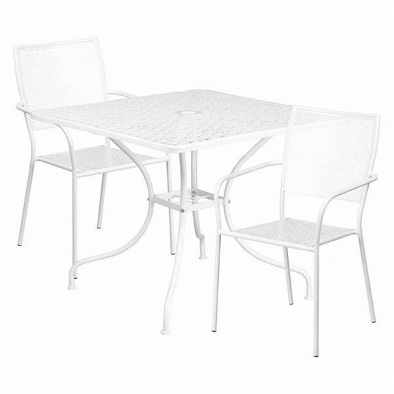 Flash Furniture Oia Commercial Grade 35.5" Square White Indoor-Outdoor Steel Patio Table Set with 2 Square Back Chairs