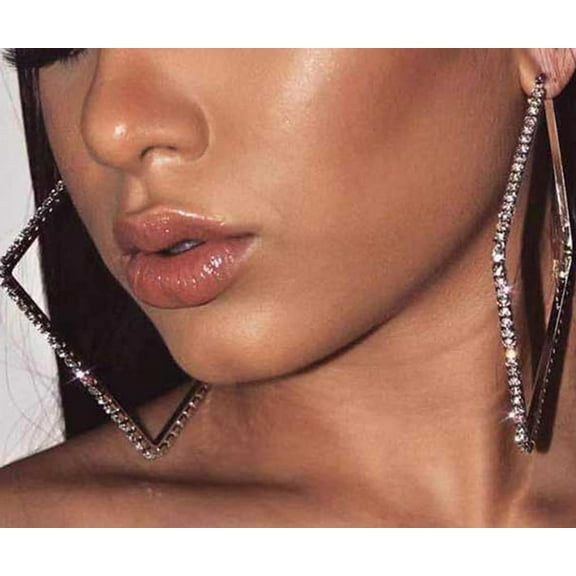 Large Rhinestone Hypoallergenic Hoop Earrings Exaggerate Big Crystal DiamondHoop Earrings Earrings for Women Fashion Wedding Accessories(Silver)