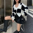 thumbnail image 5 of Color Block Sweater Coat V Neck Vintage Loose Casual Color Block Button Open Front Knit Outwear for Autumn Black White Free Size, 5 of 8