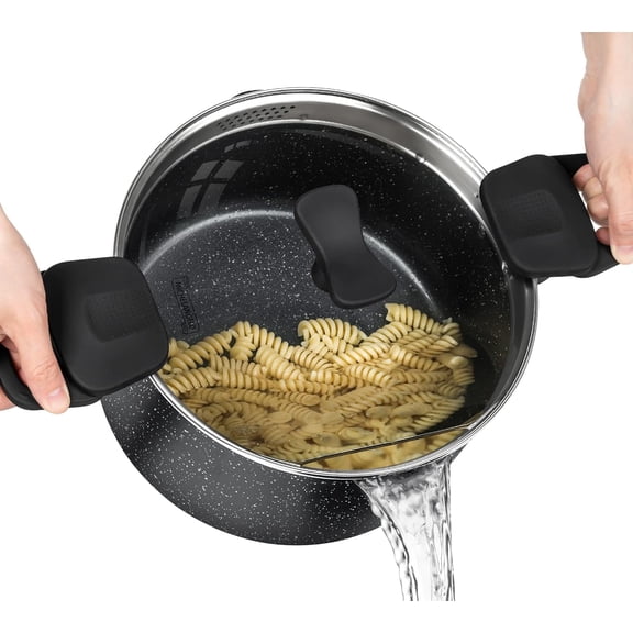 MICHELANGELO Pasta Pot with Strainer Lid, 6 Quart Cooking Pot with Twist and Lock Handles, Soup Pot with Nonstick Granite Coating, Spaghetti Pot Induction Compatible, Black