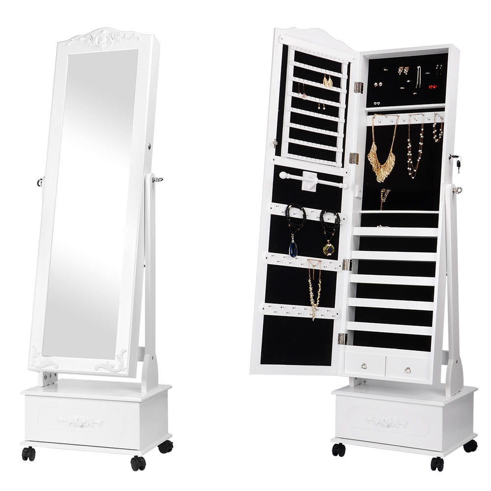 Brown DCA-QH-6150-BW-N Adjustable Tilt Angles DlandHome Jewelry Armoire Free Standing with Full Length Mirror Jewelry Cabinet Organizer 