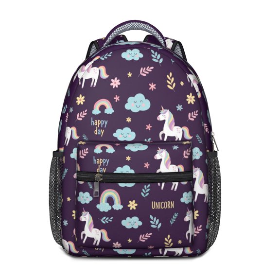 Unicorn and Rainbow Purple Pattern Backpack for School, Cute School Bag with Adjustable Shoulder Straps and Padded Back, 15.3"x11"x6.7"