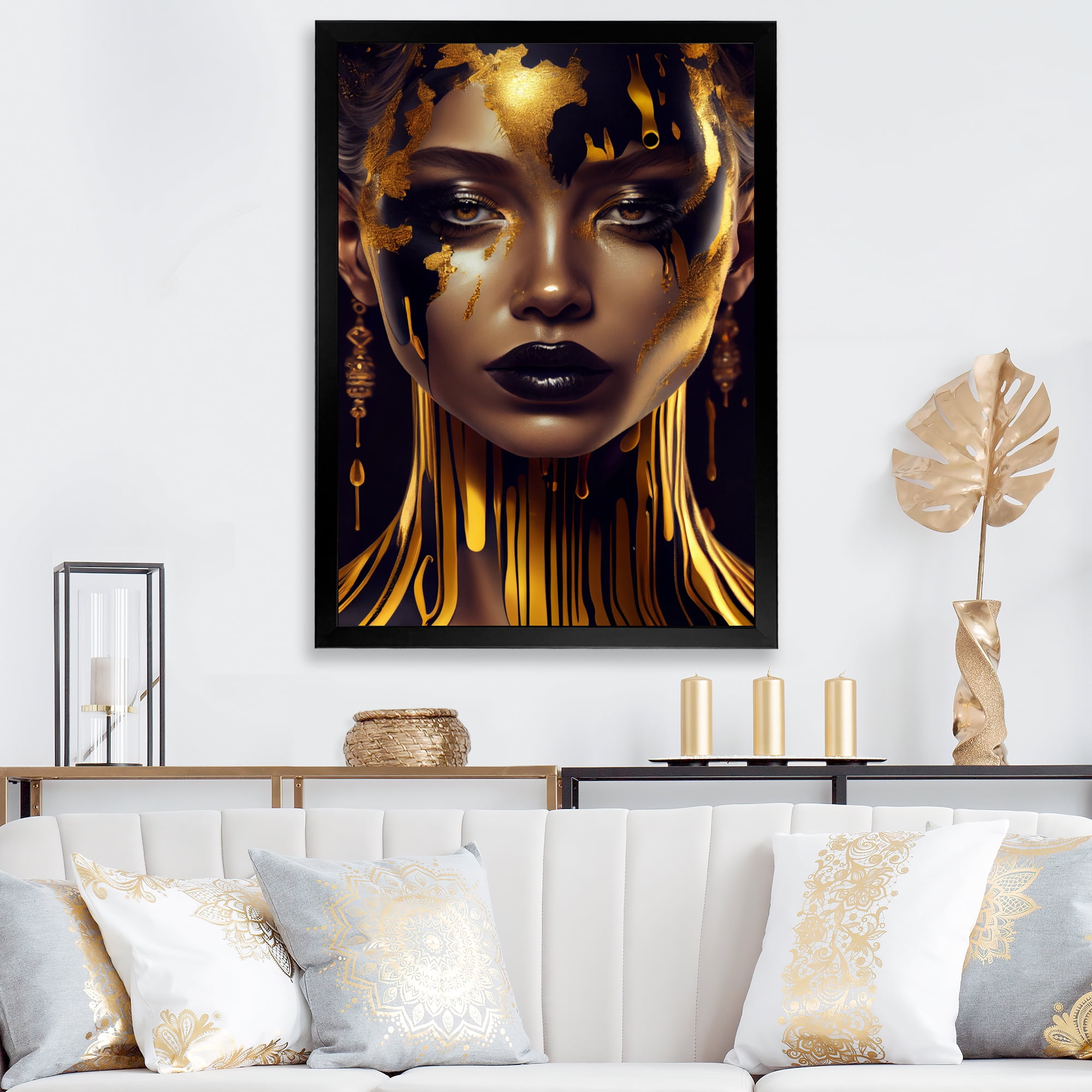 Designart Sensual Liquid Gold Woman V Framed Wall Art