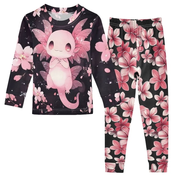 joogoo Cute Axolotl Cherry Blossom 2 Piece Long Sleeve Tee and Pants Cotton Pajama Set 4T