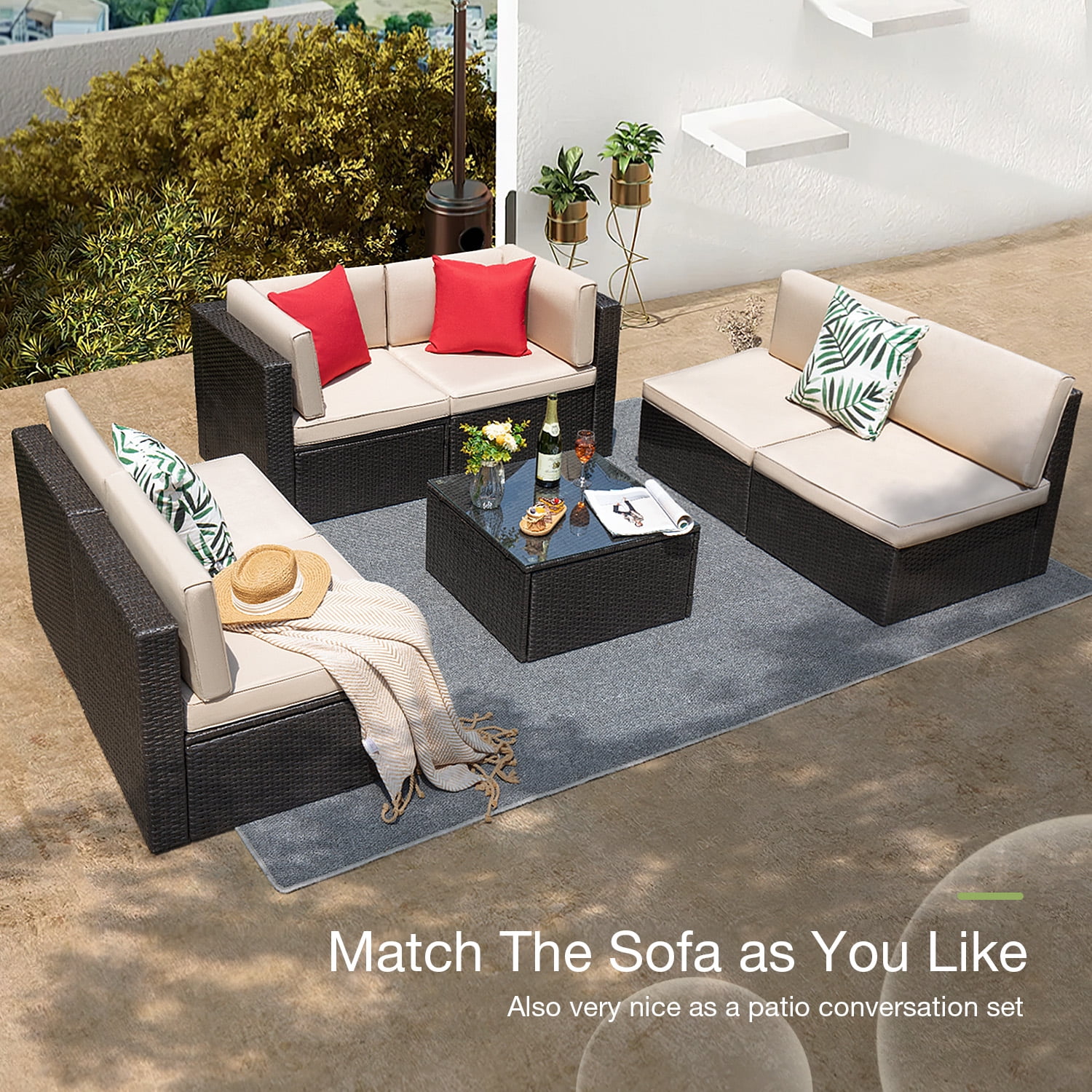 Vineego 7 Pieces Outdoor Patio Furniture Sets Wicker Sectional Sofa All-Weather PE Rattan Conversation Sets, Beige