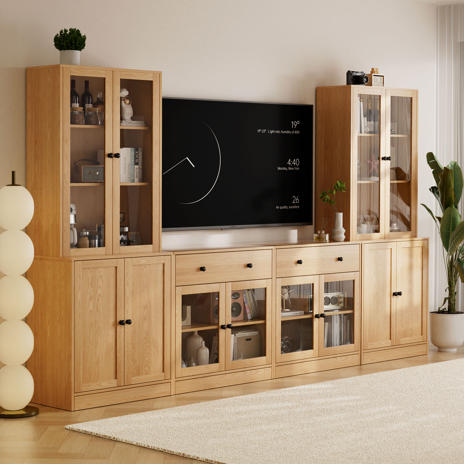 RichYa 4-Piece TV Stand for TVs up to 60”,Entertainment Center with Bookshelves for TVs,TV Stand Cabinets with 2 Drawers for Living Room,Wood