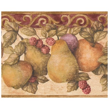 Wall Border - Vintage Pear Apple Plum Berry Distressed Beige Wallpaper Border Retro Design, Prepasted Roll 15 ft. x 7