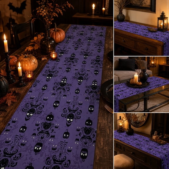 Cififendec Halloween Skull Pumpkin Printed Table Runner, 35.43"×13", Gothic Long Table Decor Cloth for Dining Table Entry Console Coffee Table Spooky Season Accent