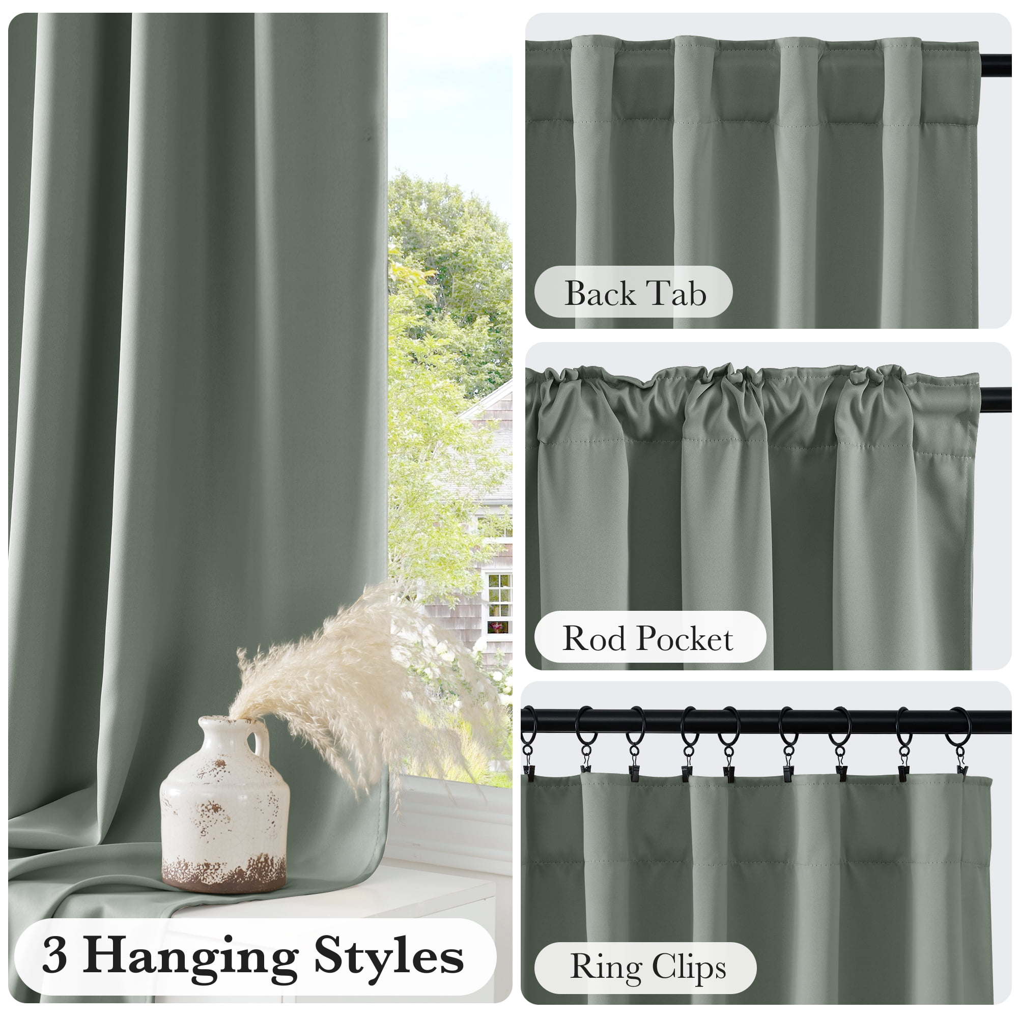 StangH Total Blackout Green Curtains for Bedroom, Back Tab Heat & Light Blocking Privacy Window Treatments for Living Room/Office/Apartment/Dorm, Sage Greem, W52 x L84, 2 Panels