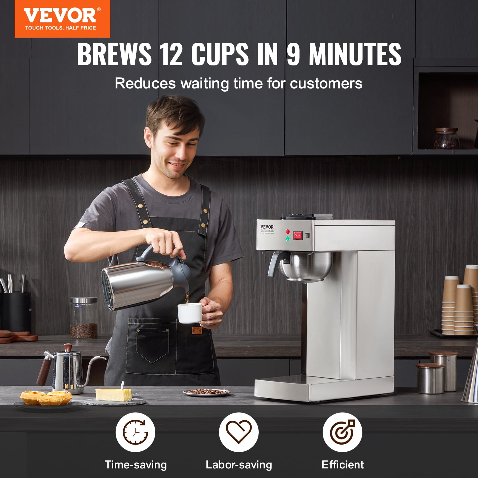 VEVOR 12 Cups Commercial Drip Coffee Maker, Coffee Maker Machine with Thermal Carafe to Keep Warm or Cold, Stainless Steel Pour Over Coffee Brewer for Restaurant, Office, Cafe
