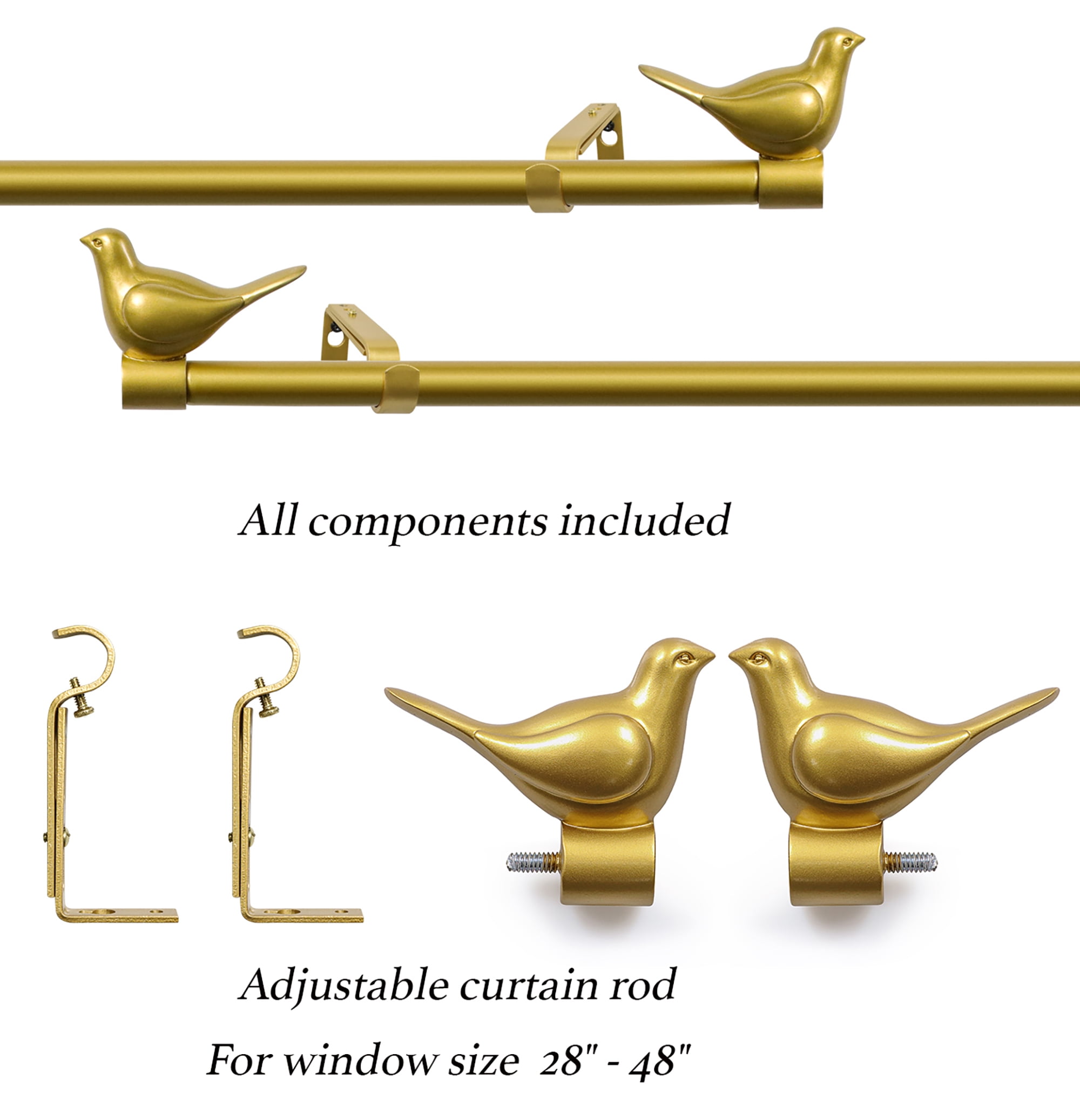 MERIVILLE 3/4" Diameter Farmhouse Single Window Treatment Curtain Rod, Bird Finials 28"-48", Gold