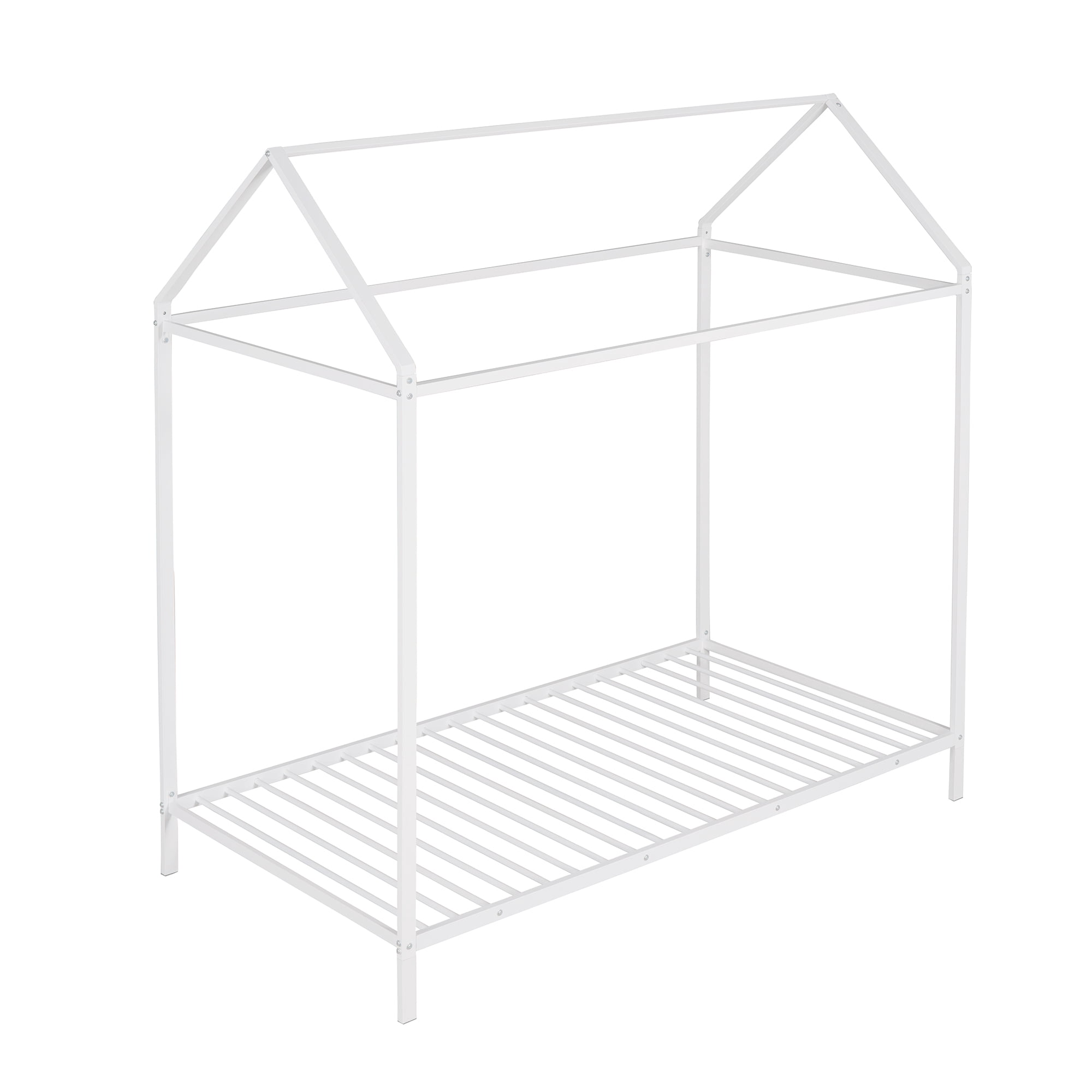 Gewnee Twin Size Kids House Bed,Metal Platform Bed Frame with Roof,White